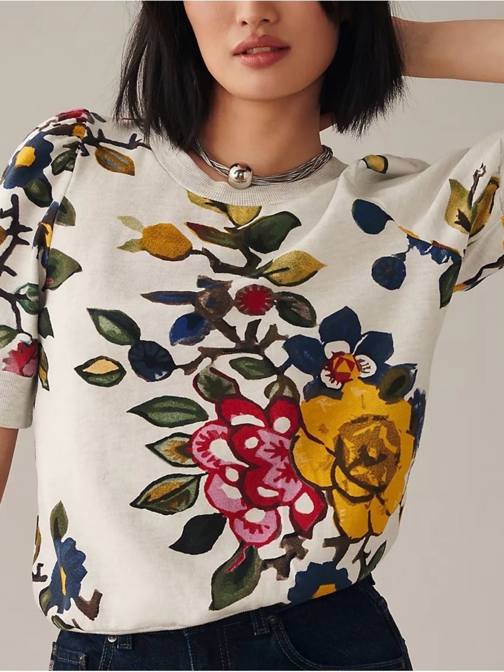 T.la Anthropologie Puff Sleeve Pullover Sweatshirt Top Floral Print Medium M